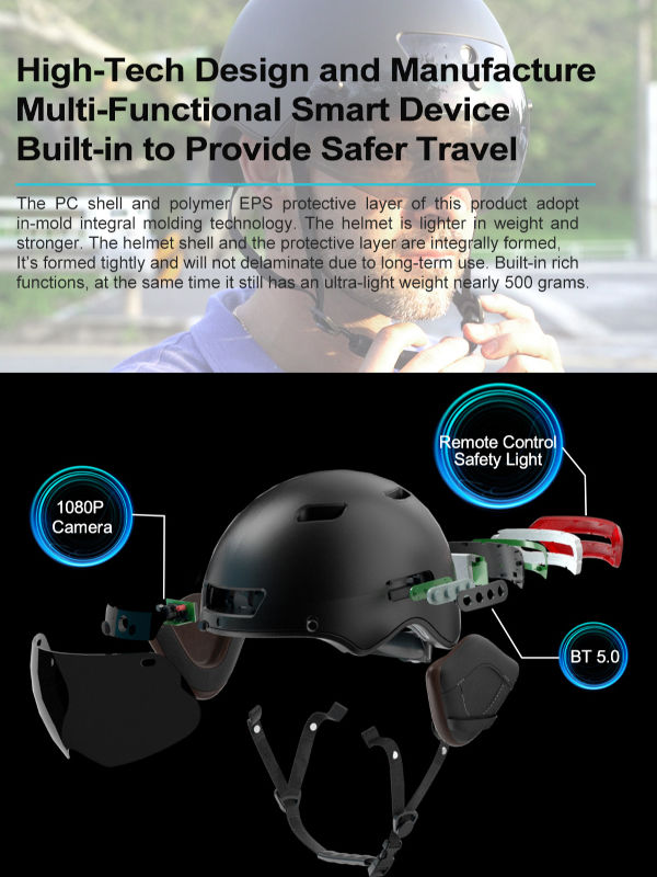 Bluetooth Calling Smart Helmet med inbyggd körning Recorder Camera, Detachable Visor, Turn Signal Taillight, för Urban Commuter